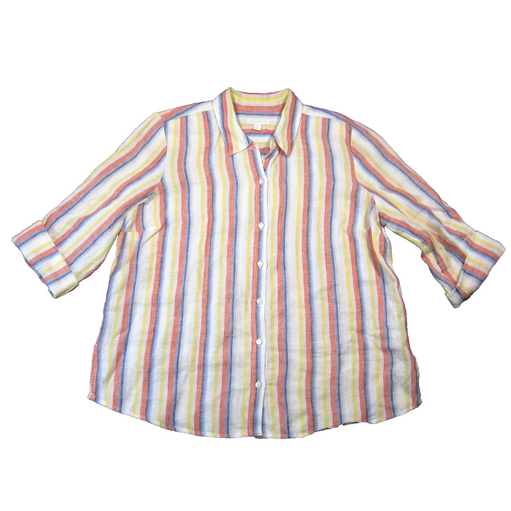 Charter Club Striped Linen Shirt PXL Rainbow Roll Tab Button Up Beach Summer‎
